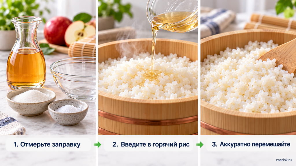 Приготовление домашней заправки с яблочным уксусом и распределение её по горячему рису для роллов.