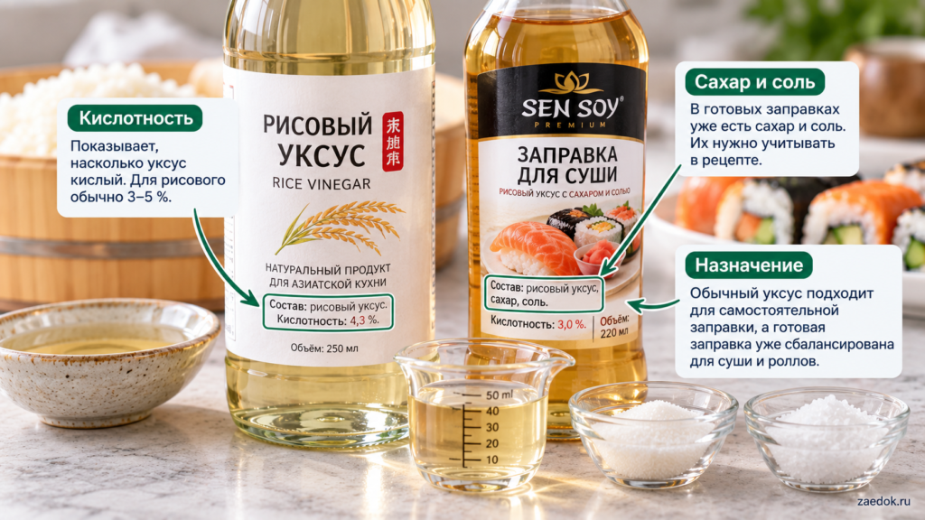 Проверка кислотности, сахара и соли на этикетках обычного рисового уксуса и заправки для суши.