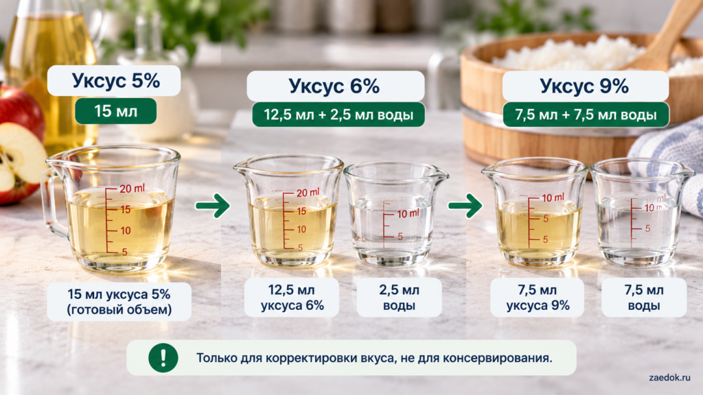 равнение объёмов уксуса 5%, 6% и 9% с водой для приблизительной замены рисового уксуса в заправке.