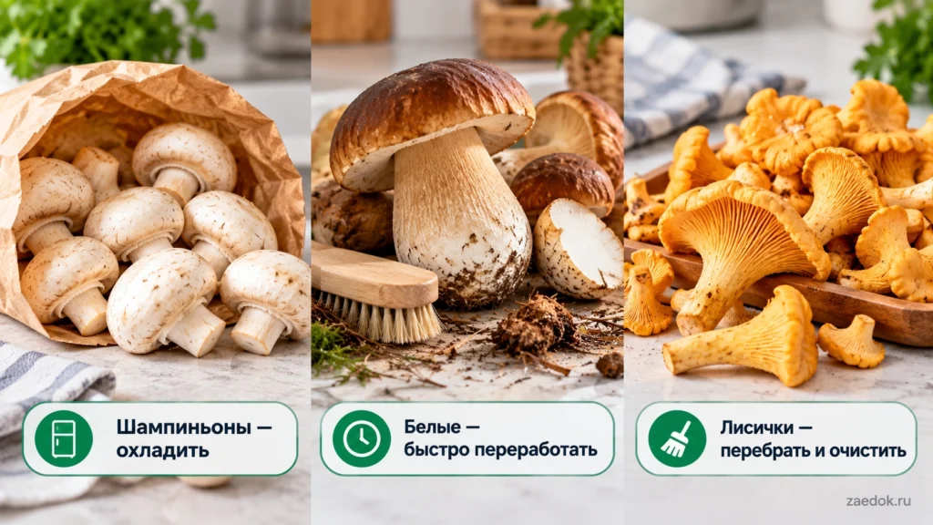 Сравнение подготовки шампиньонов, белых грибов и лисичек к домашнему хранению.