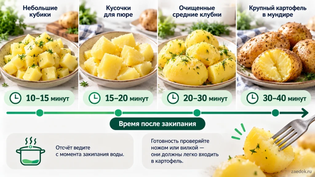 Инфографика времени варки картофеля: кубики, кусочки для пюре, очищенные клубни и картофель в мундире.