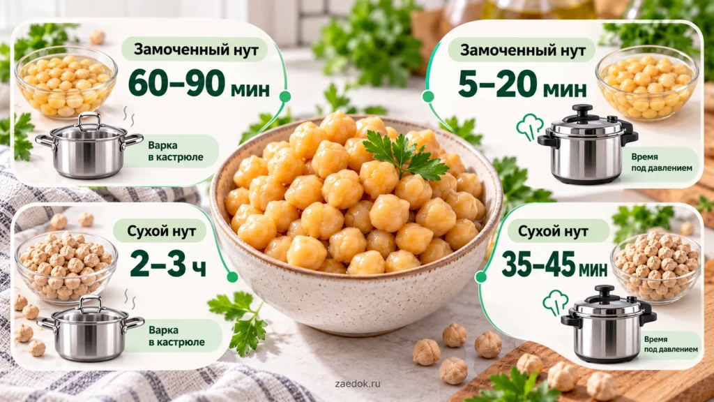 Сравнение времени варки замоченного и сухого нута в кастрюле и скороварке.