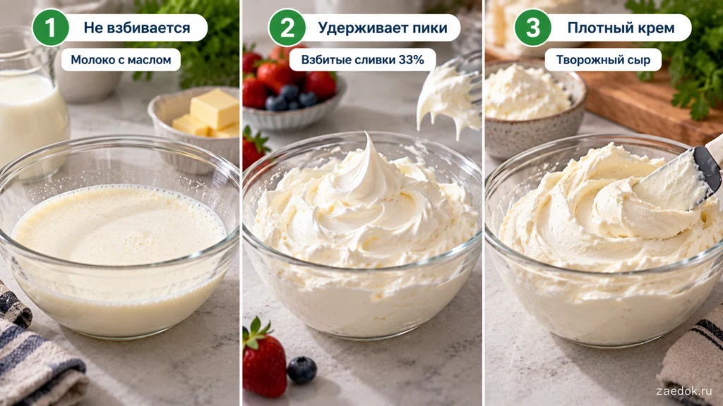 Сравнение жидкой смеси молока с маслом, взбитых сливок 33% и плотного крема из творожного сыра.