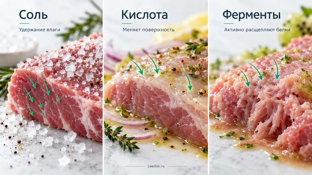 Сравнение действия соли, кислоты и ферментов на структуру поверхности мяса при мариновании.