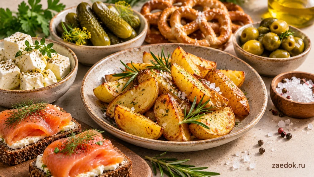 Солёные блюда и закуски: запечённый картофель с розмарином, красная рыба на хлебе, сыр, оливки и солёные огурцы