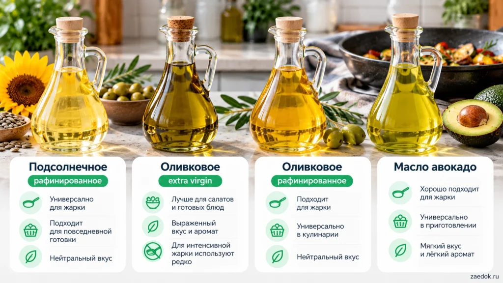 Сравнение подсолнечного, двух видов оливкового и масла авокадо для жарки.