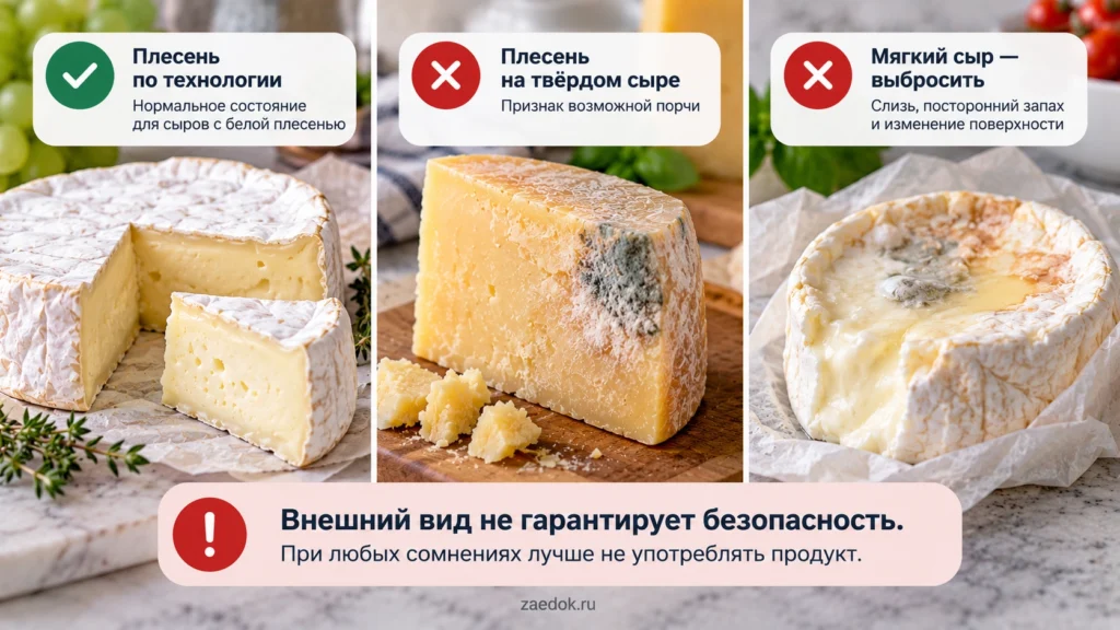 Сравнение нормальной белой корочки бри, нежелательной плесени на твёрдом сыре и изменённой поверхности мягкого сыра.