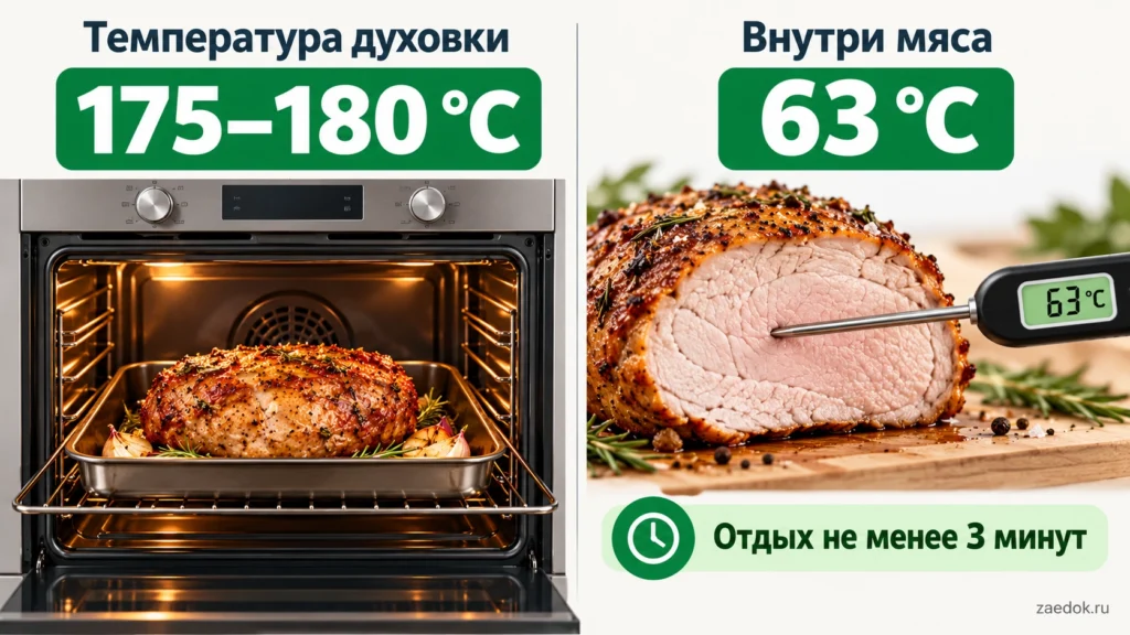 Разница между температурой духовки 175–180 градусов и безопасной внутренней температурой свинины 63 градуса.