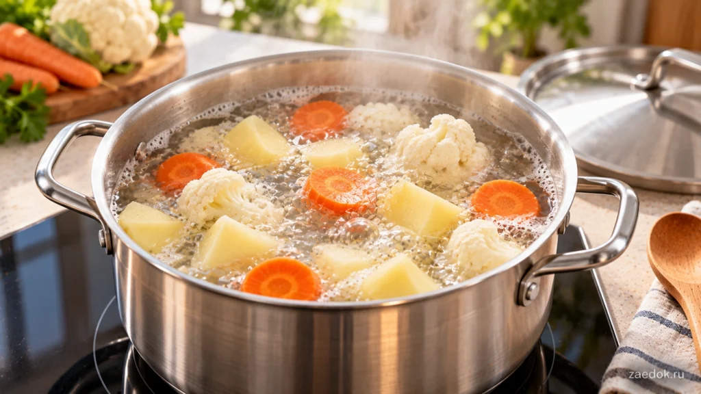 Варка овощей в кастрюле на плите: картофель, морковь и цветная капуста в кипящей воде с лёгким паром