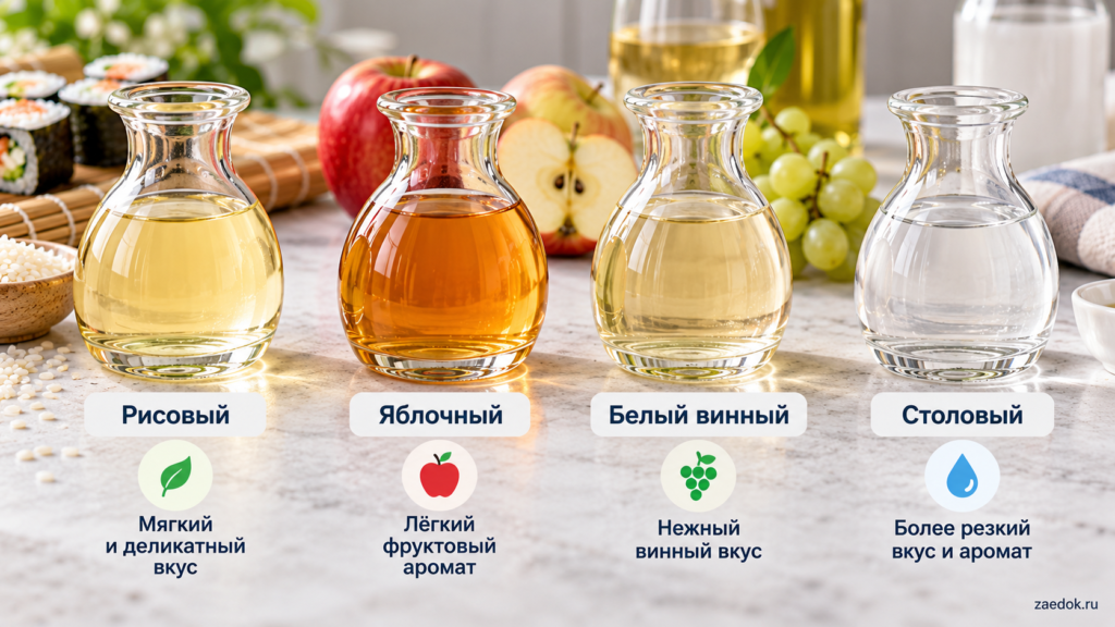 Сравнение рисового, яблочного, белого винного и столового уксуса для приготовления заправки.