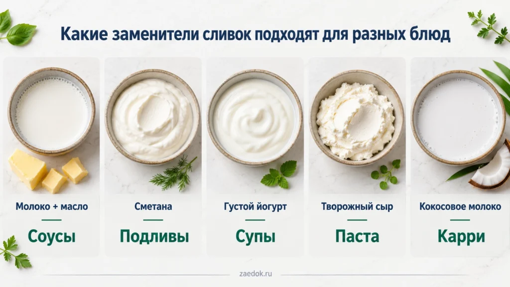 Сравнение молока с маслом, сметаны, йогурта, творожного сыра и кокосового молока как заменителей сливок.